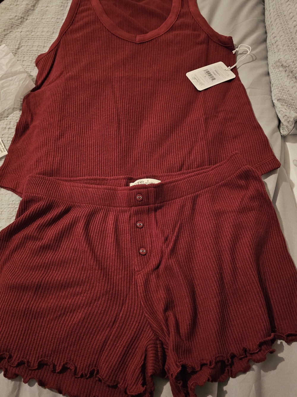 PJ Salvage Ribbed Tank and Button-Front Shorts Set in Burgundy